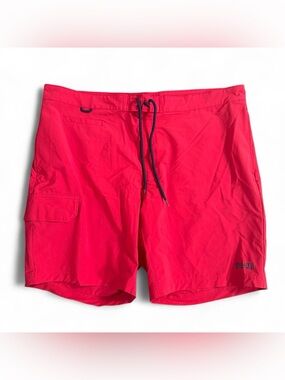 Duluth Trading Co Red Men's Swim Board Shorts with Navy Drawstring